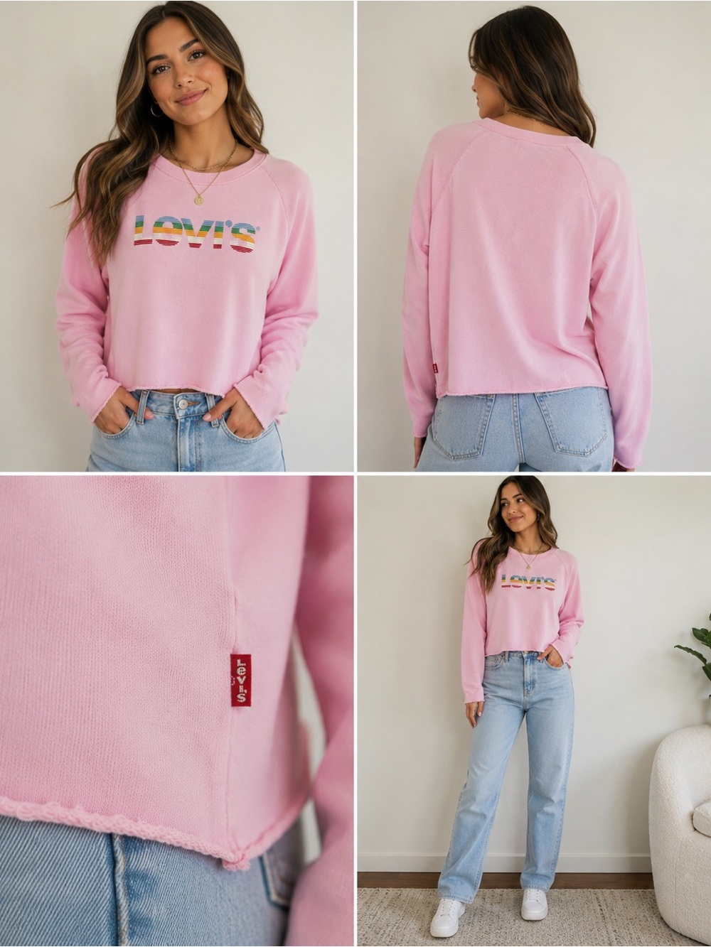 Levi's Pink Cropped Crewneck Sweatshirt with Rainbow Logo